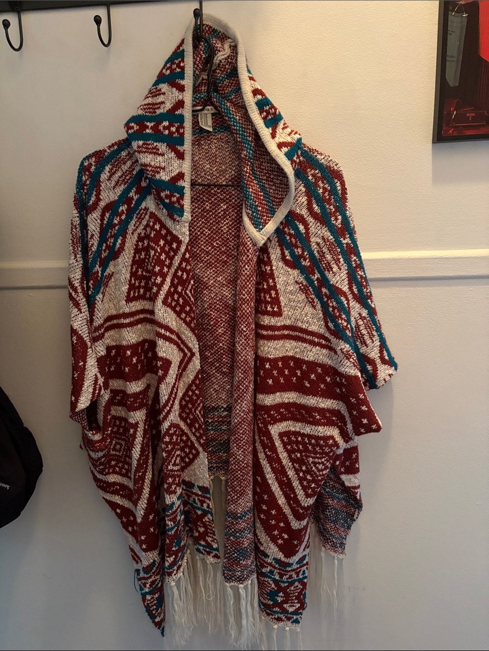 Forever 21 Red, Teal & Cream Hooded Poncho Sweater